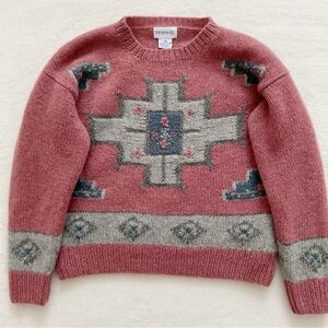 Vintage Deans Shetland Wool Sweater Hand Knit Floral Folk Art Crewneck | Medium